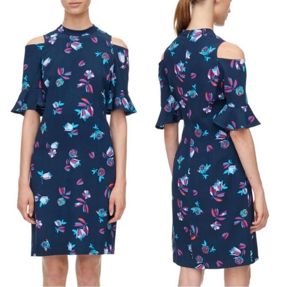 Rebecca Taylor Navy Blue Bellflower Floral Ruffle Cold Shoulder Sheath Dress 4